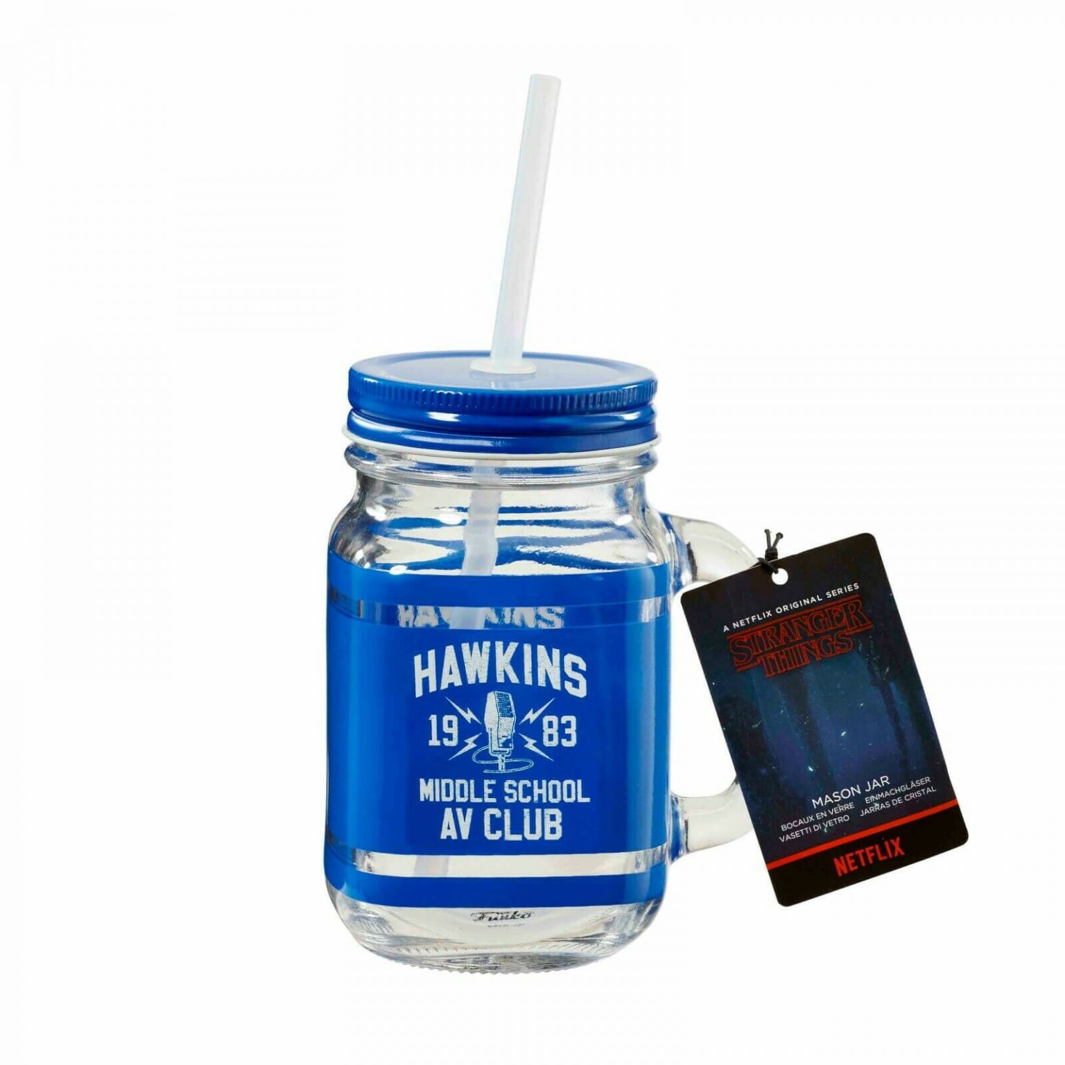 Stranger Things Hawkins High School AV Club Mason Glass Jar Blue
